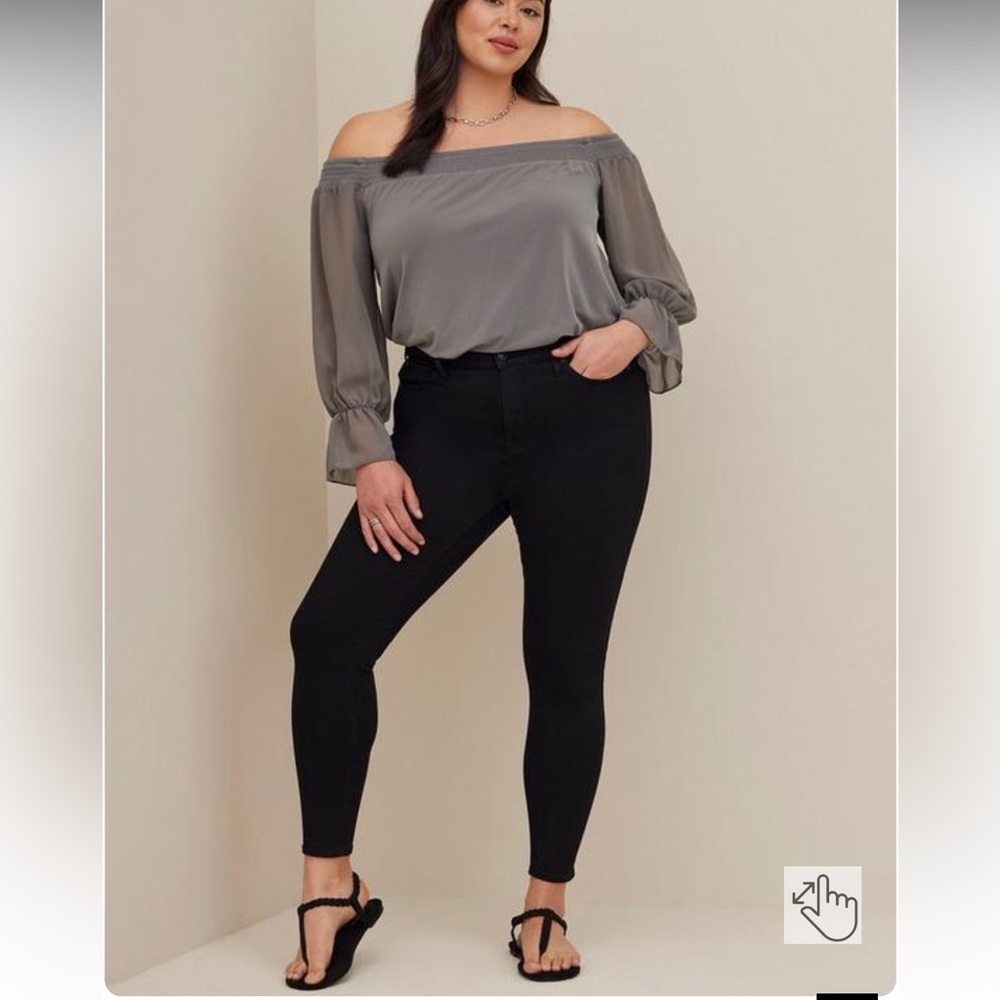 Torrid Studio Knit Off Shoulder Top Smocked Chiffon Sheer Sleeves Gray 1X